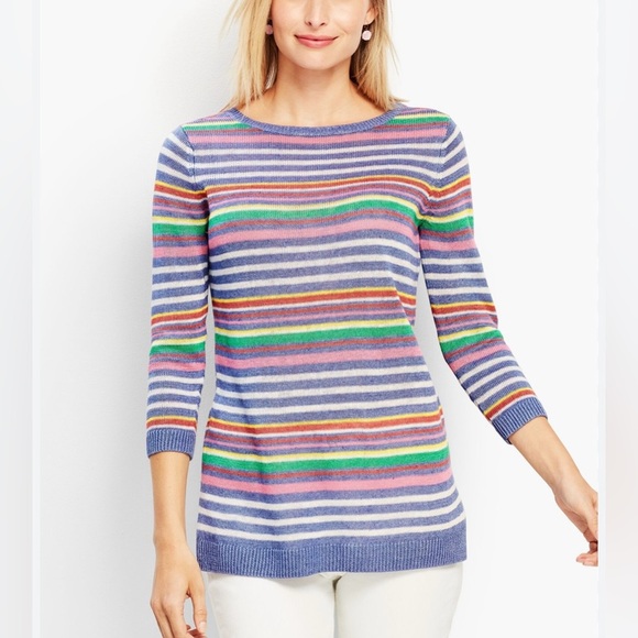 Talbots Petunia Striped 100% Linen Crewneck Sweater Ribbed Hem Side Slits MP - Picture 3 of 12
